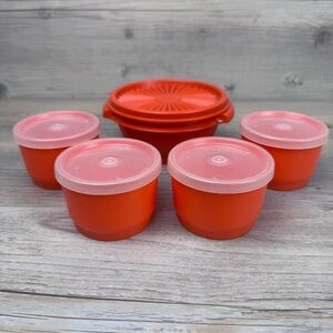 Vintage Tupperware Orange 4 Round Snack Cup w/Lids and Servalier Bowl with Lid
